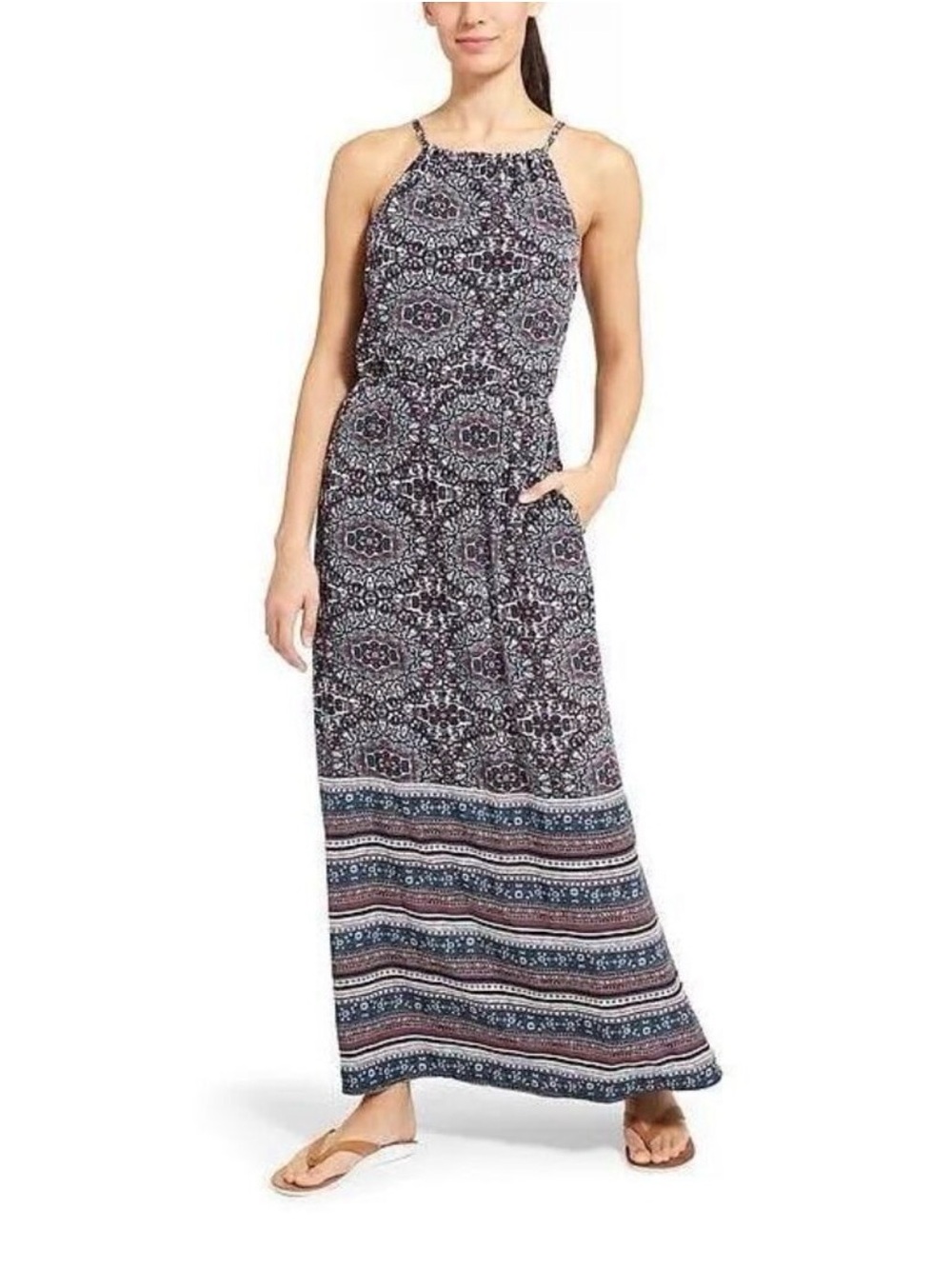 Athleta Island Life Maxi Dress Iron Blue Print Sz S built in bra
